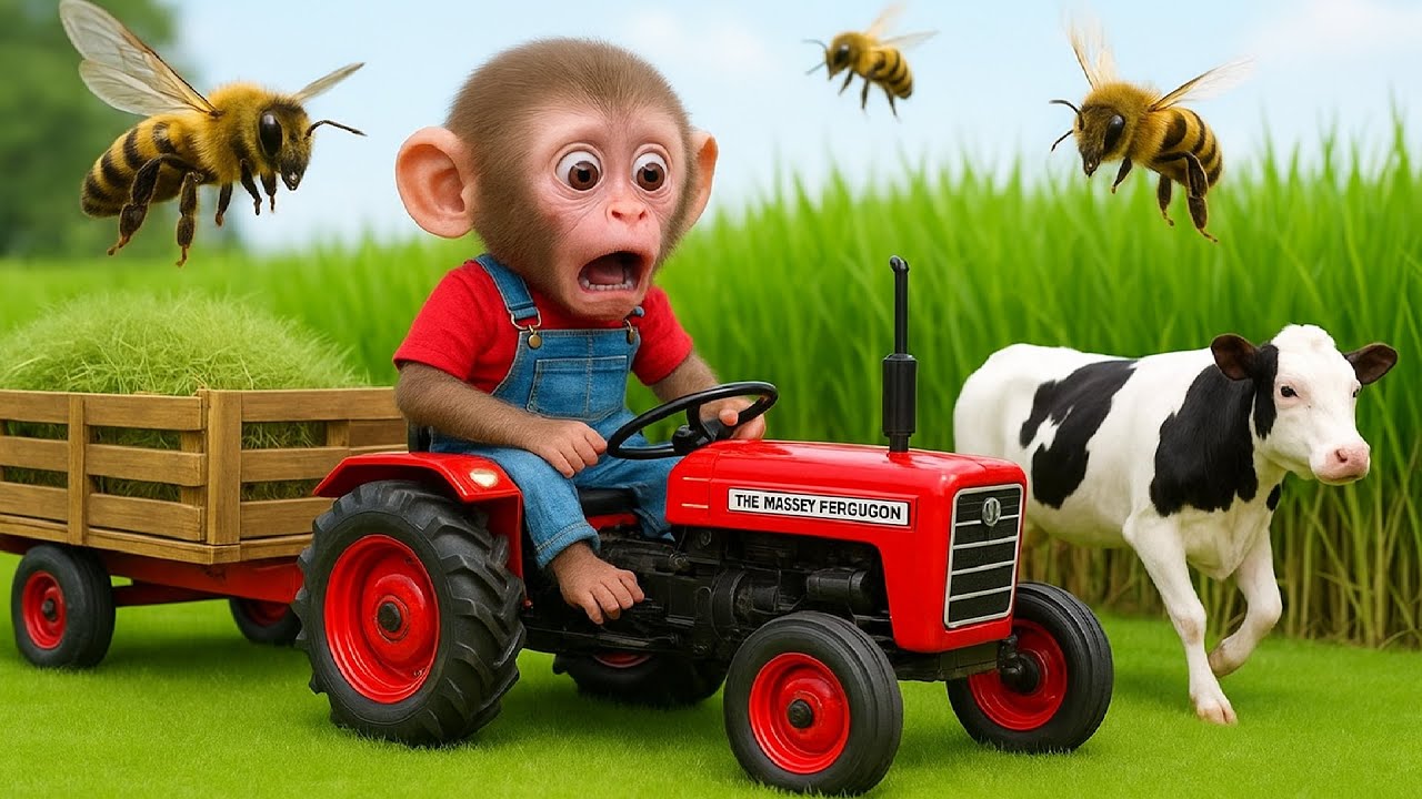 🐝 Baby Monkey Freaks Out as Giant Bees Chase the Tractor! 🚜 |  Farm Work