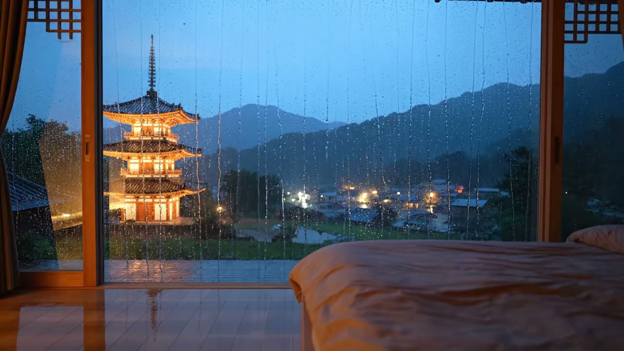 Rainy Evening Ambience with Temple View 🌧️ Relaxing Rain Sounds for Sleep, Study & Stress Relief