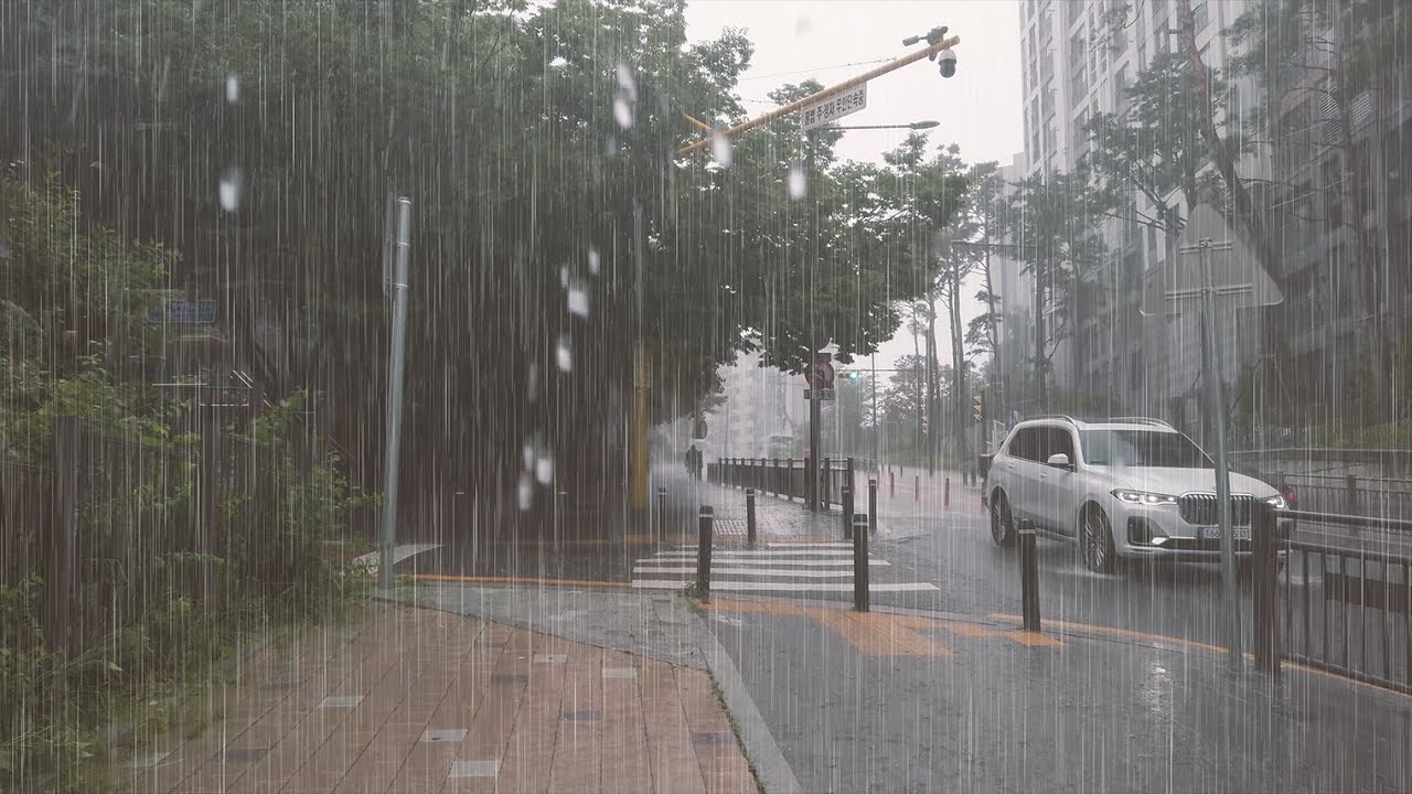 (4K) Walking in Heavy Rain | Meditation | Insomnia | Village | South Korea | 비 오는 동네, 장마, 폭우 빗소리