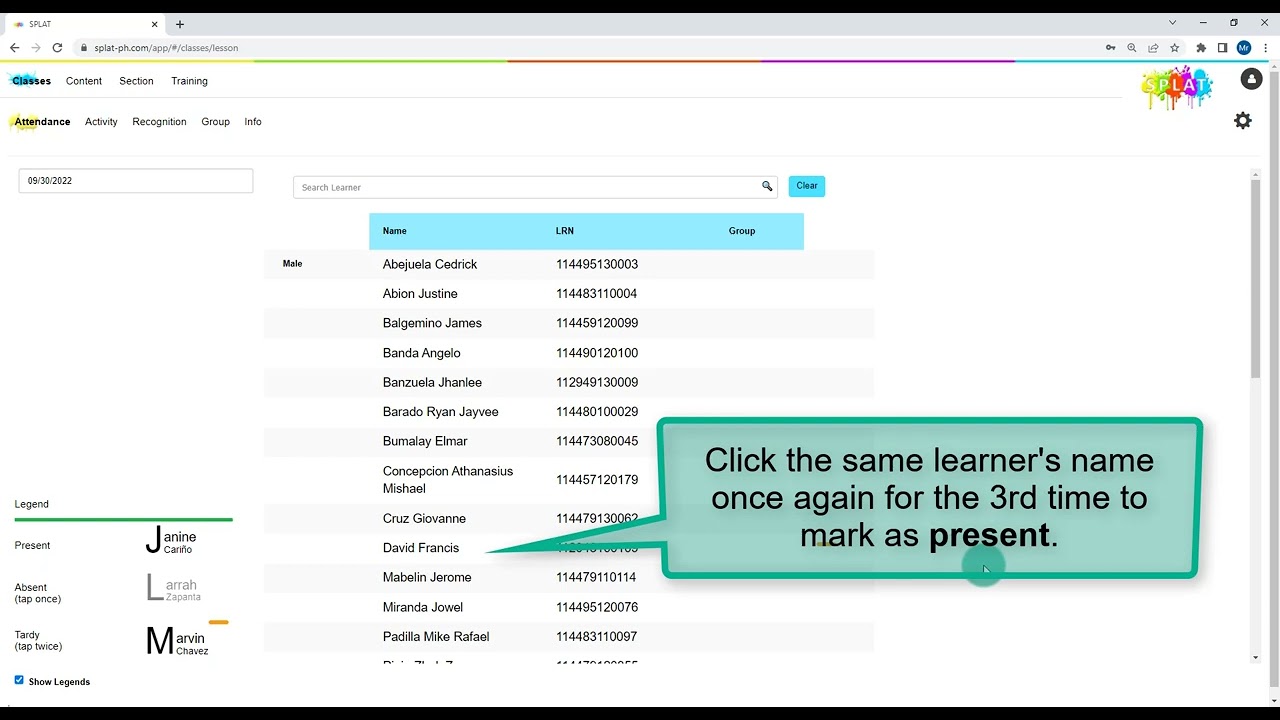 SPLAT Teacher (web) - Record daily class attendance