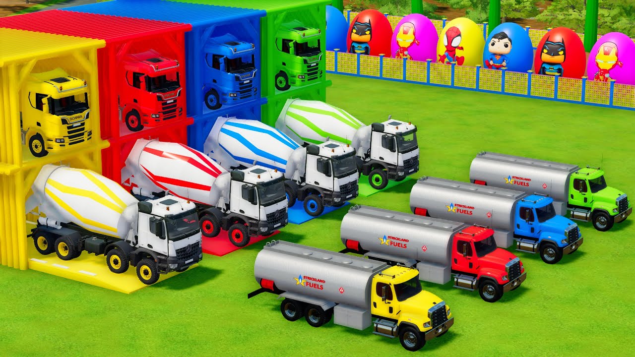 Garage with Colors - ALL MIXER TRUCK WITH DOUBLE FLATBED TRAILER TRUCK, SCANIA, MERCEDES, KAMAZ