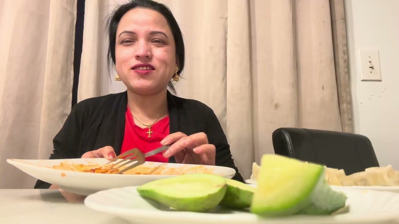 2x spicy 🌶️ noodles, momo mukbang with cucumber 🥒 and raw mango 🥭 very very spicy 🥵 