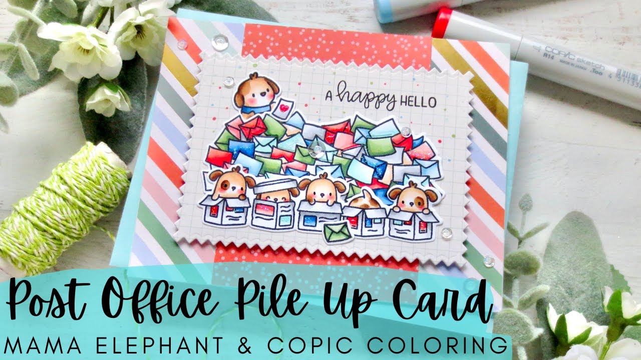 Post Office Pile Up Card | Mama Elephant Stamps | Copic Coloring a Sweet Shipping Scene