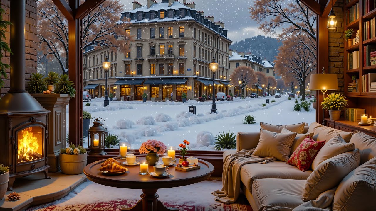 Quiet Winter Evening Café ❄️ Warm Fireplace, Snowy European Street View & Soft Jazz for Relax