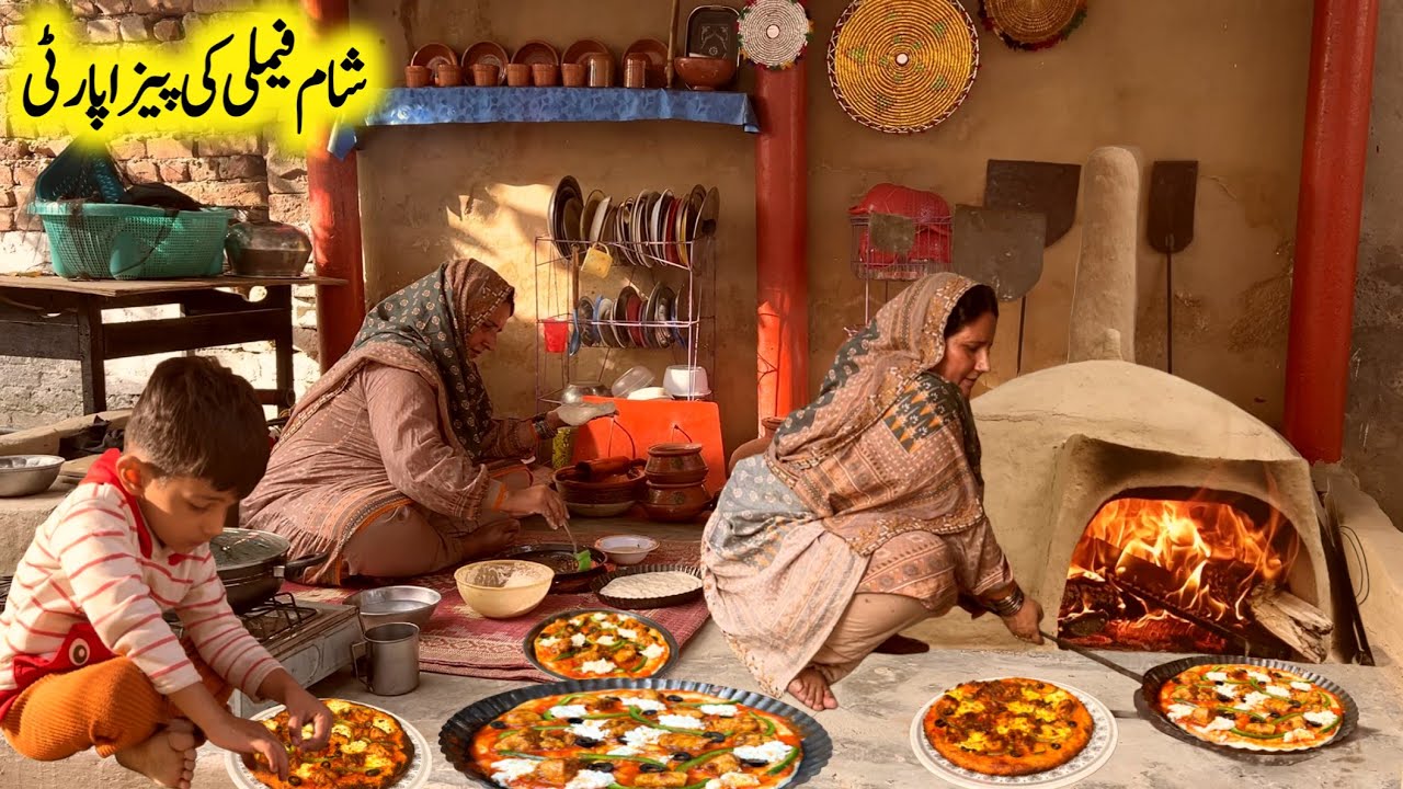 Baking Cheesy PIZZA in Tradtional Wood Fire Pizza Oven for Family at Village Home | Villag Sham