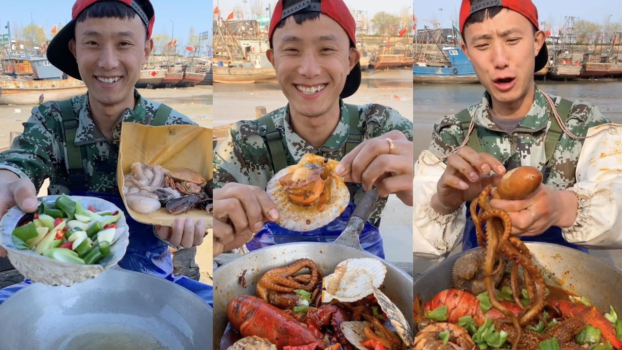 it's cold, fishermen cook yummy seafood: lobster, scallops, whelks, mantis shrimp, and octopus.