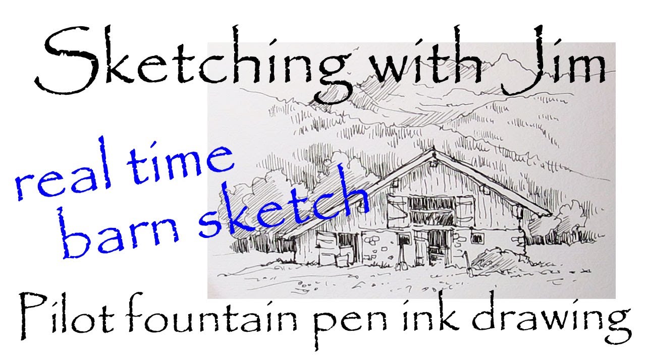 Fountain pen ink drawing of a barn in the mountains
