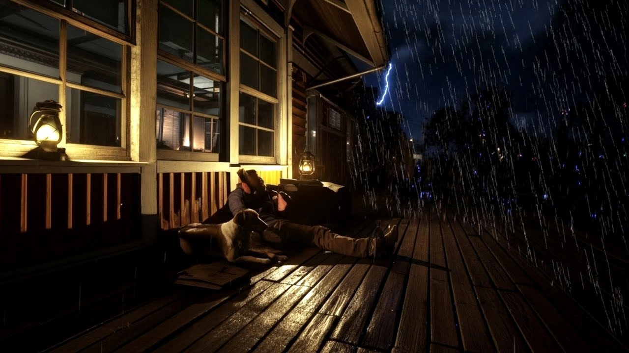 RDR2 ASMR Артур Морган и собака отдыхают под хижиной во время сильного дождя и грозы