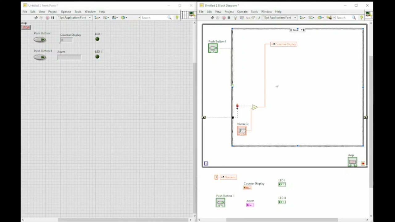2 push buttons control 2 LED and Increment-Decrement process using LabVIEW