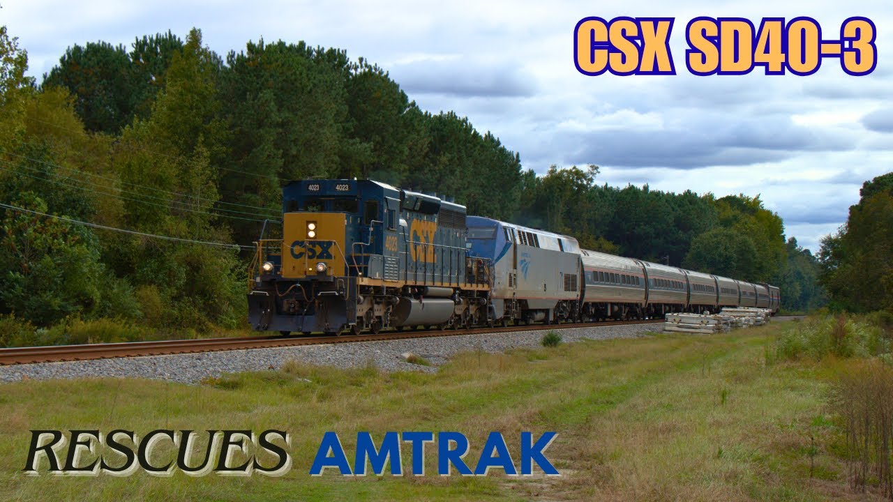 CSX SD40-3 4023 Rescues Amtrak 90 With Damaged AMTK 71 In Tow Flying Through Downtown Godwin, NC