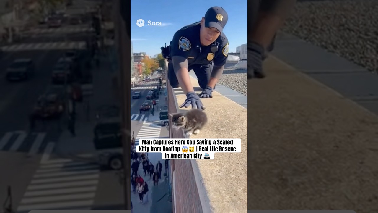 Man Captures Hero Cop Saving a Scared Kitty from Rooftop 😱🐱 | Real Life Rescue in American City 🚔