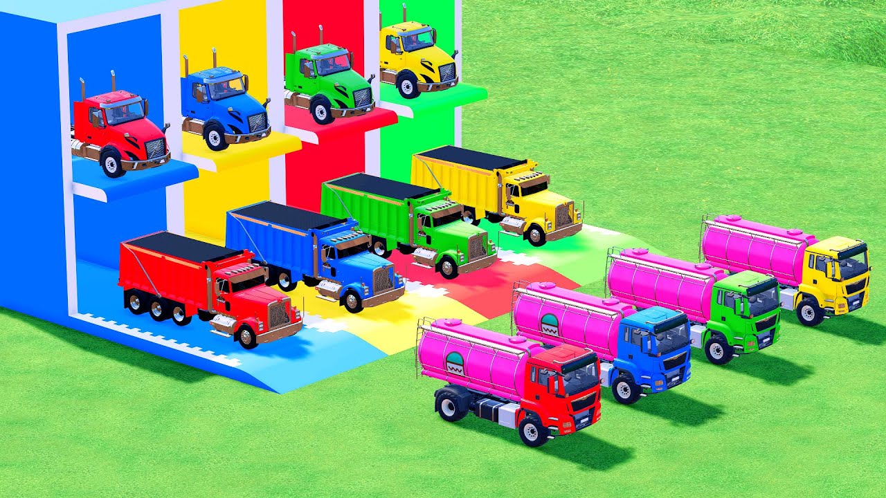Garage with Colors - ALL MIXER TRUCK WITH DOUBLE FLATBED TRAILER TRUCK, SCANIA, MACK #57 - FS22