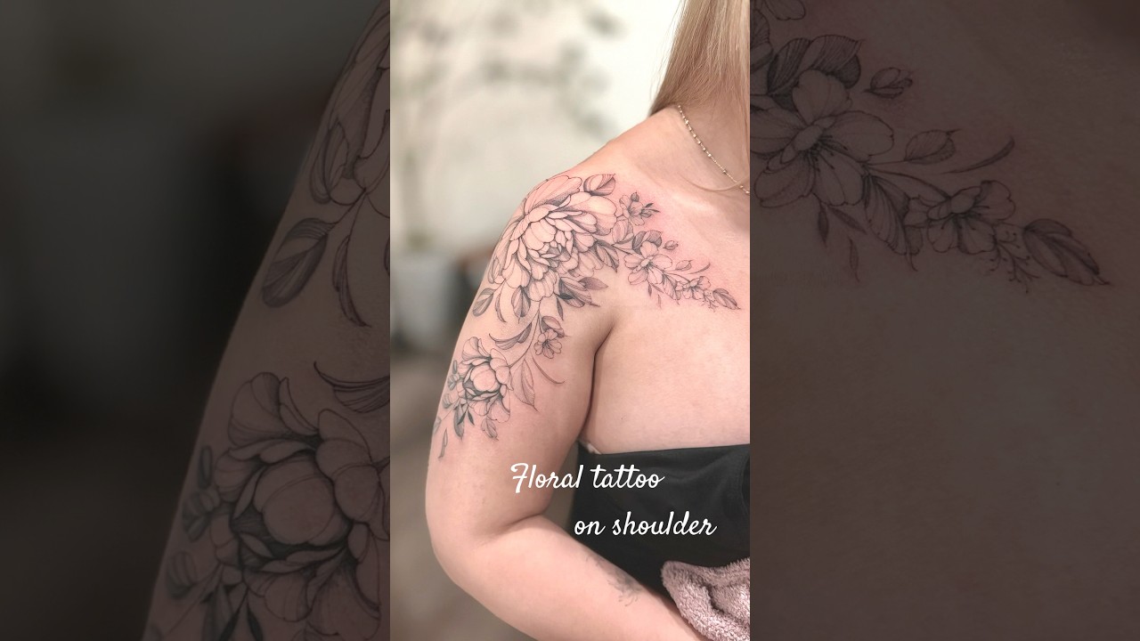 Floral Shoulder Tattoo | Fineline Botanical Ink 🌸 #tattoo #flowertattoo #floraltattoo