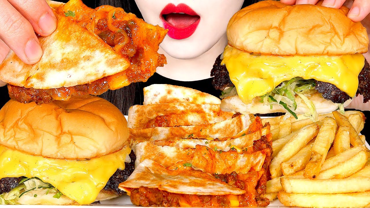 ASMR CHEESE BURGER, QUESADILLA, FRIES 치즈버거 퀘사디아 감자튀김 먹방 EATING SOUNDS MUKBANG 咀嚼音