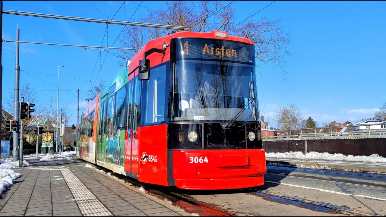 Mitfahrt GT8N 3064 BSAG Bremen 2023 - Arsten-Strecke und Wümmewiesen im Schnee
