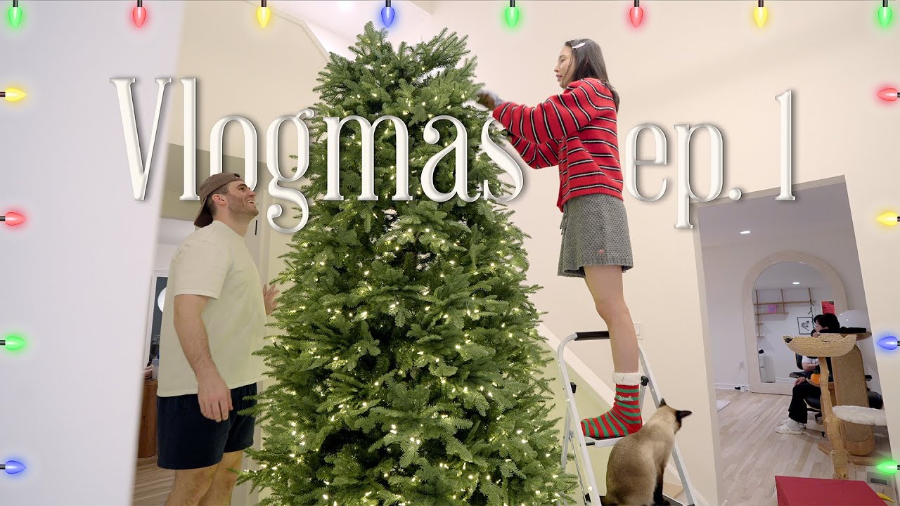 브이로그마스 ep.1🎅🏻: 지하에 모셔둔 3.7미터 짜리 크리스마스트리 꺼내고 장식하기🎄, 클래식 모짜렐라 토마토 스파게티!, 미국에서 먹는 붕어빵..🥹