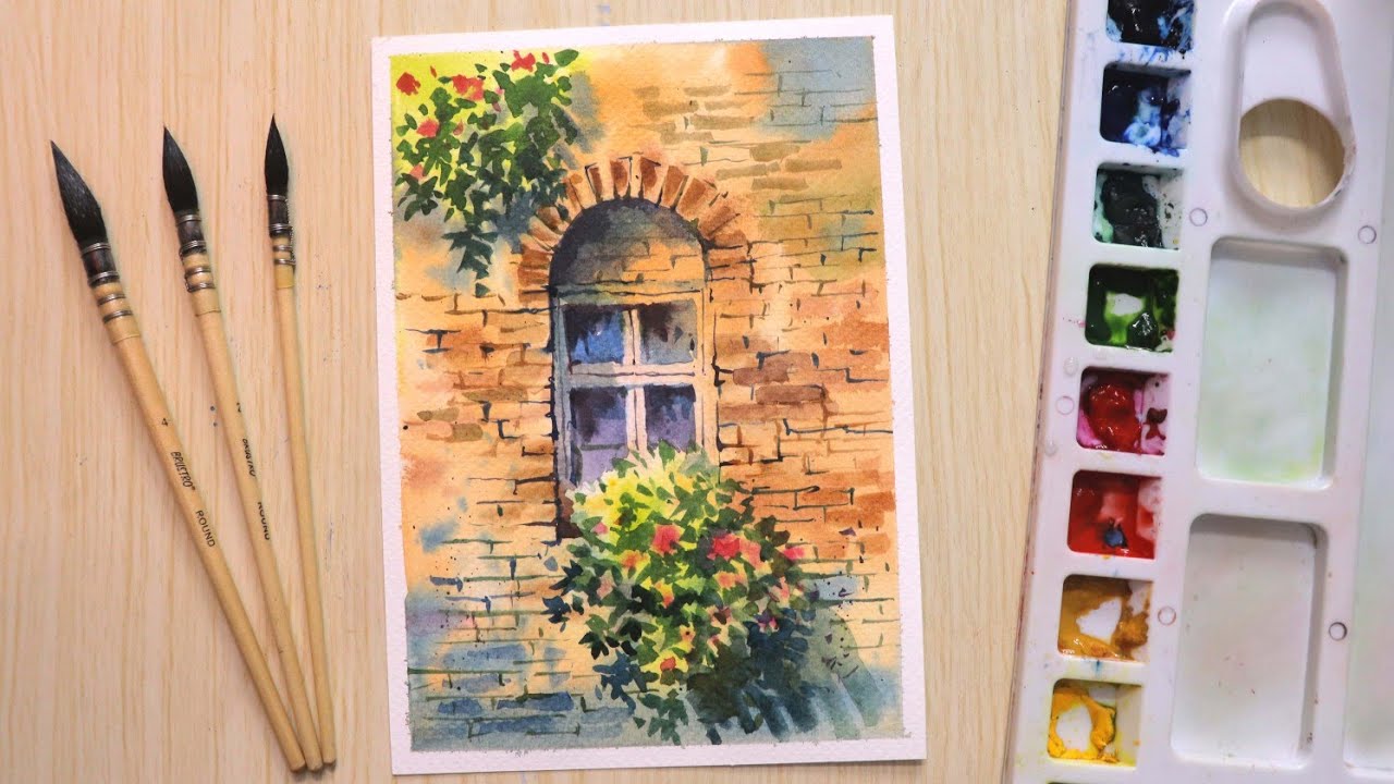 Watercolor painting for beginners beautiful flower and window