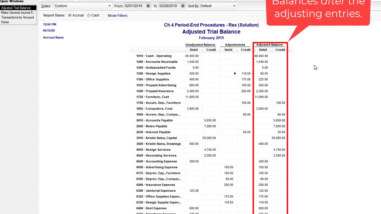 Отчет о скорректированном пробном балансе QuickBooks Desktop