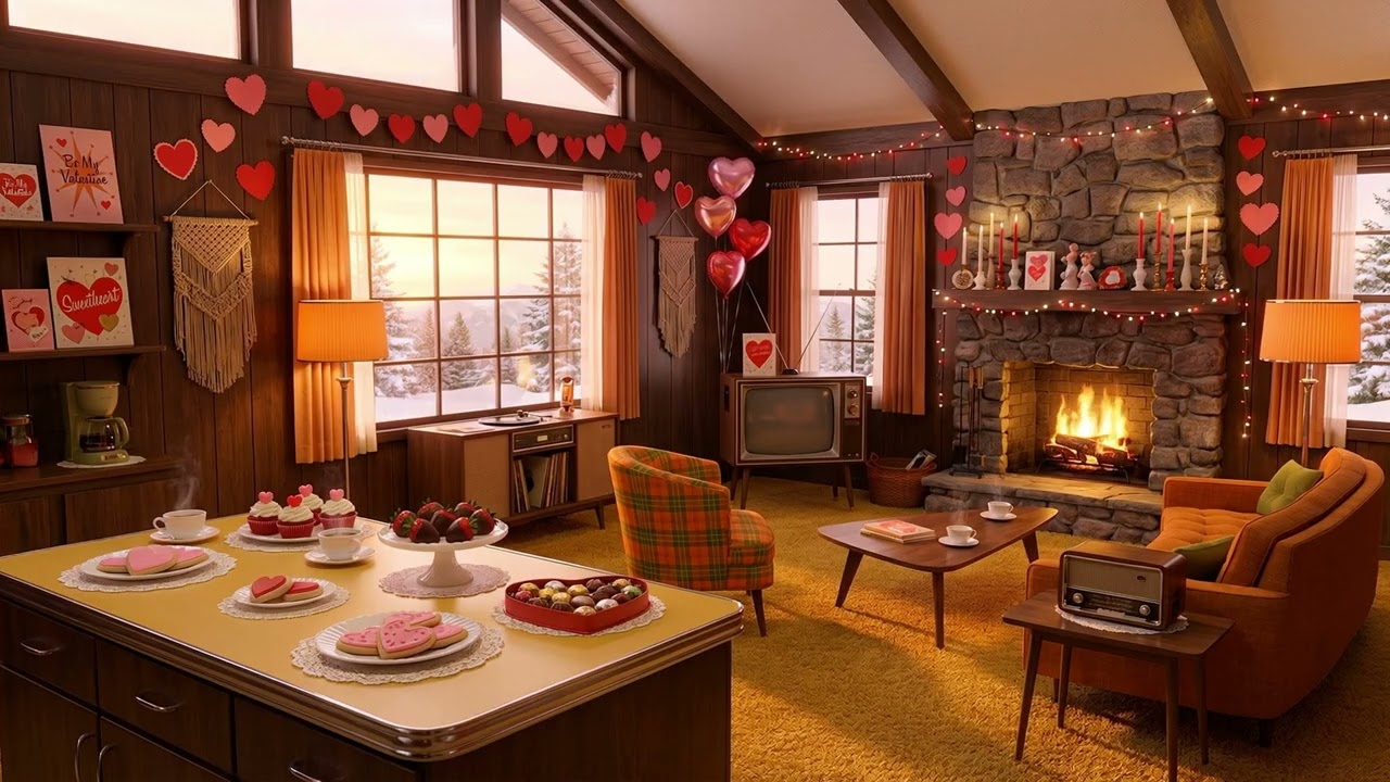 1970s Style Valentine’s Sunrise Ambience   Retro Cabin Lounge & Fireplace
