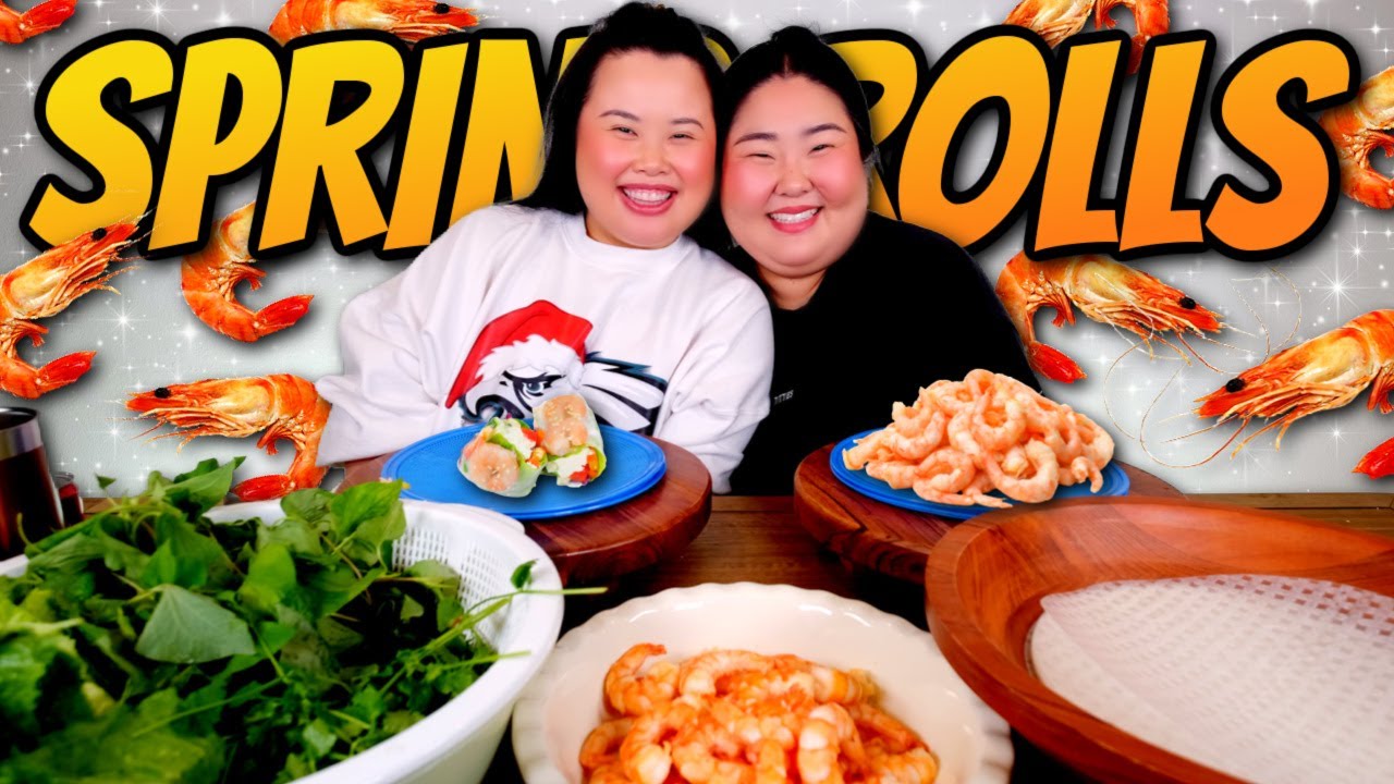 GIANT SHRIMP SPRING ROLLS (COOKING + EATING) MUKBANG 먹방 EATING SHOW! (EXPOSING ALL OUR SECRETS)