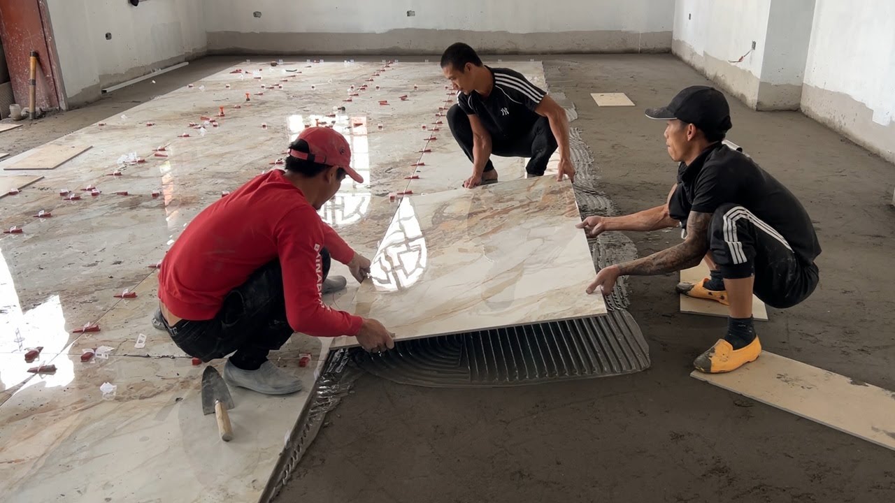 Living Room Floor Tiles Install Using Large Size Ceramic Tiles 900x1800cm | Satisfying Work Video