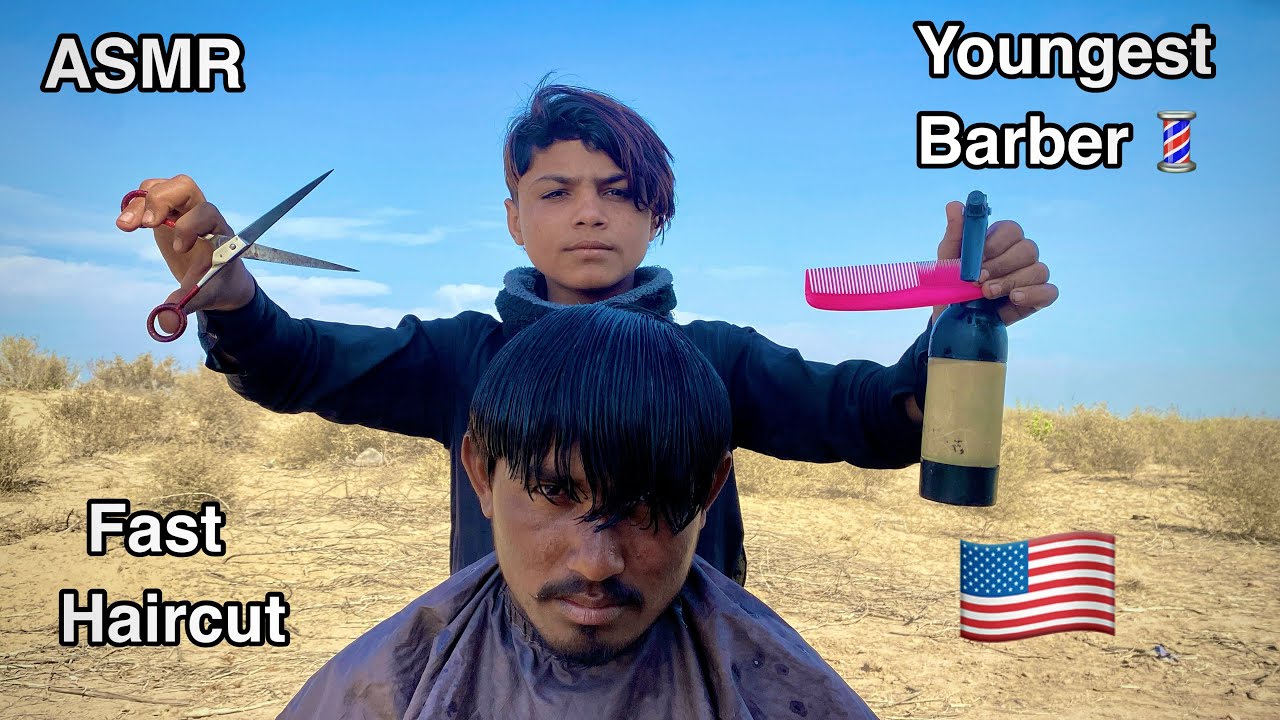 ASMR youngest Barber 💈 In the world 🌍 Fast haircut 💇 In Desert 🐪 