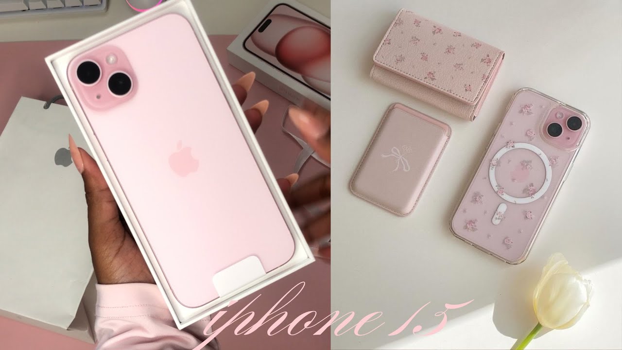 Pink iphone 15 unboxing + Accessories ˚ʚ♡ɞ˚