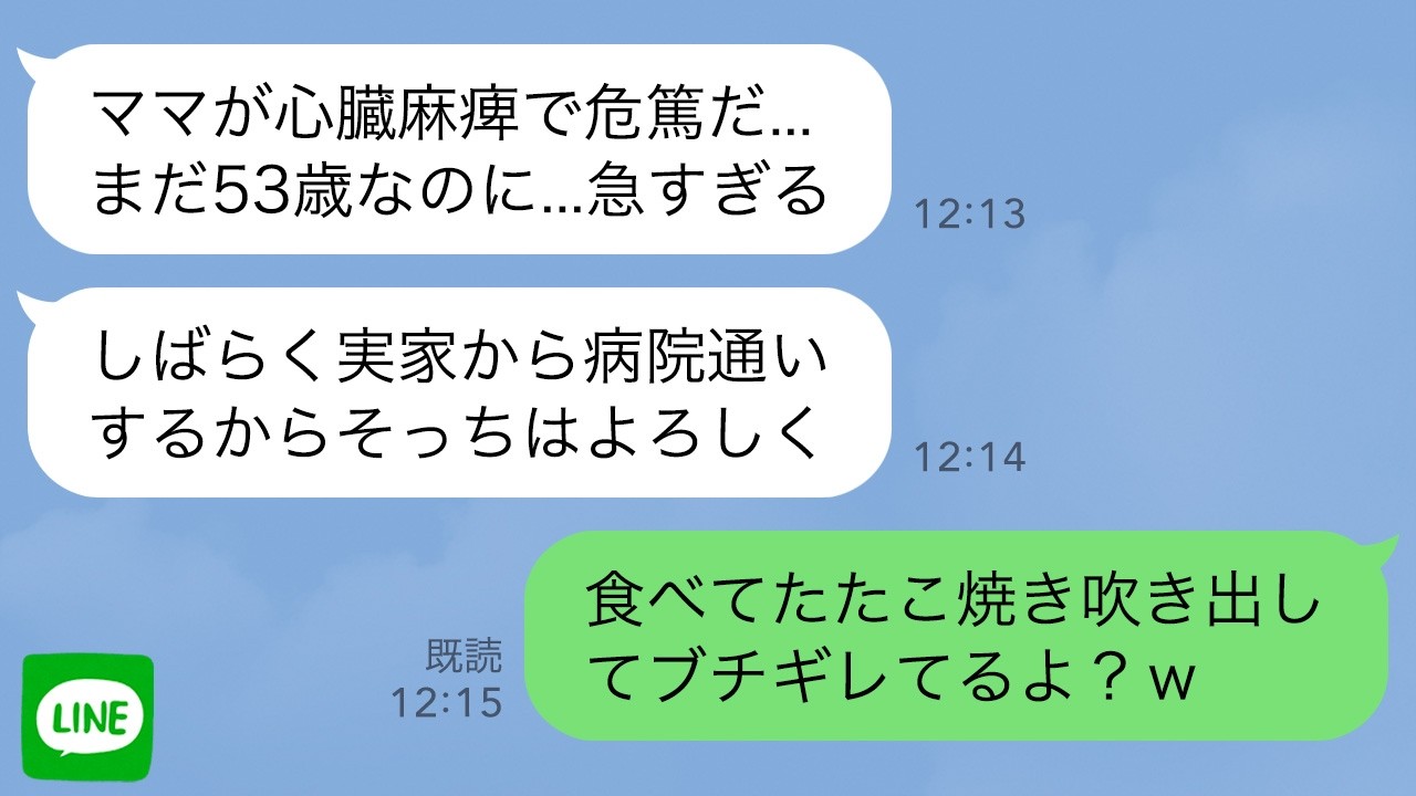 【LINE】姑と義姉と大阪旅行中に夫「ママが心臓まひで危篤…しばらく実家帰るわ」→元気に食い倒れ中の姑がたこ焼き吹き出すほどブチ切れてｗ