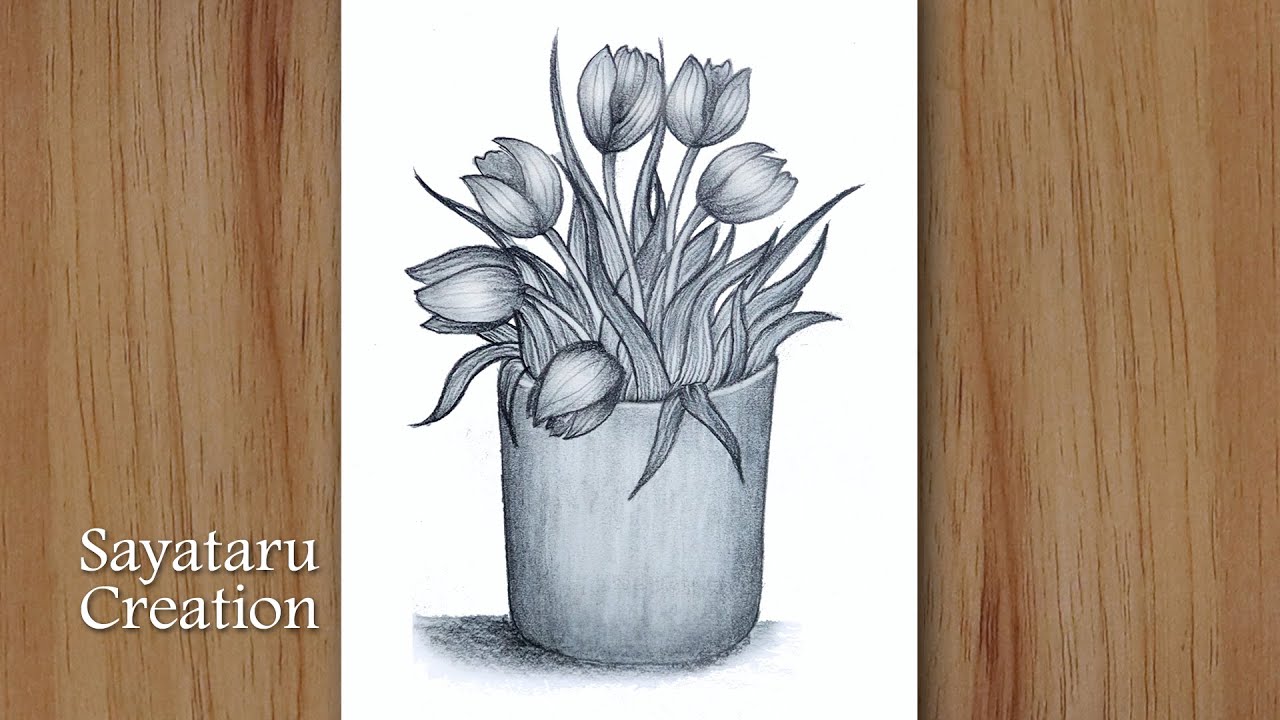 How to draw flowers in a vase step by step | Pencil Sketch for Beginners