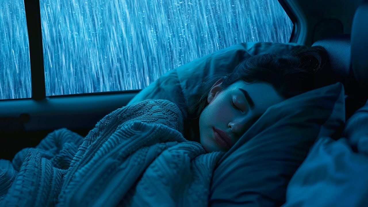 DEFEAT INSOMNIA AND STRESS PROBLEMS with Powerful Thunder & Pouring Rain Sounds on The Car at Night
