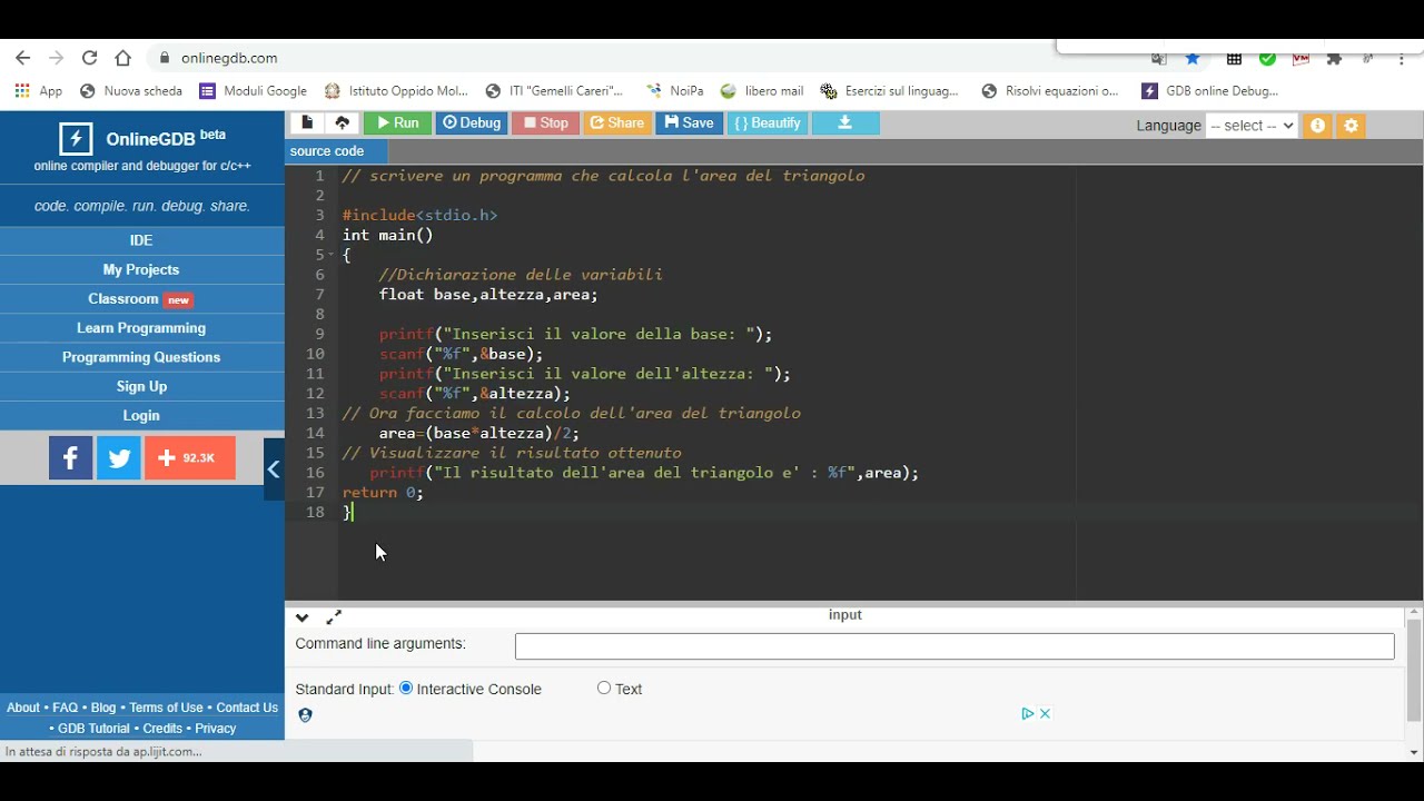 Programma in linguaggio C per il calcolo dell'area del triangolo