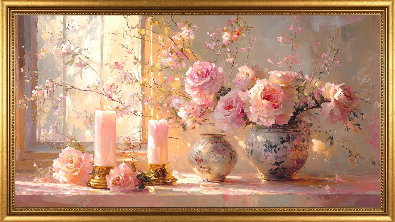 Romantic Roses by the Window 🌸 Vintage Floral Painting | Valentine Frame TV Art with Soft Piano