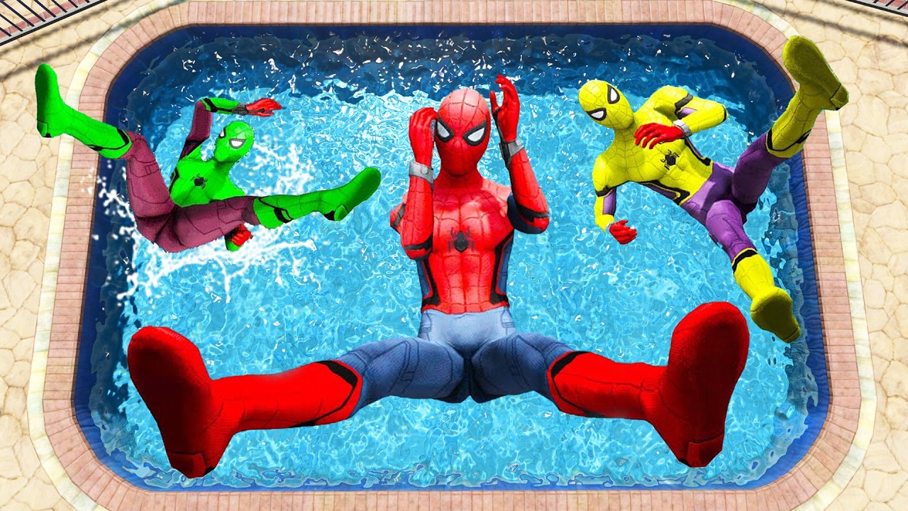 GTA 5 Rainbow Pink Vs Yellow & Red Spiderman Jumping into Pool (Euphoria Physics) #76