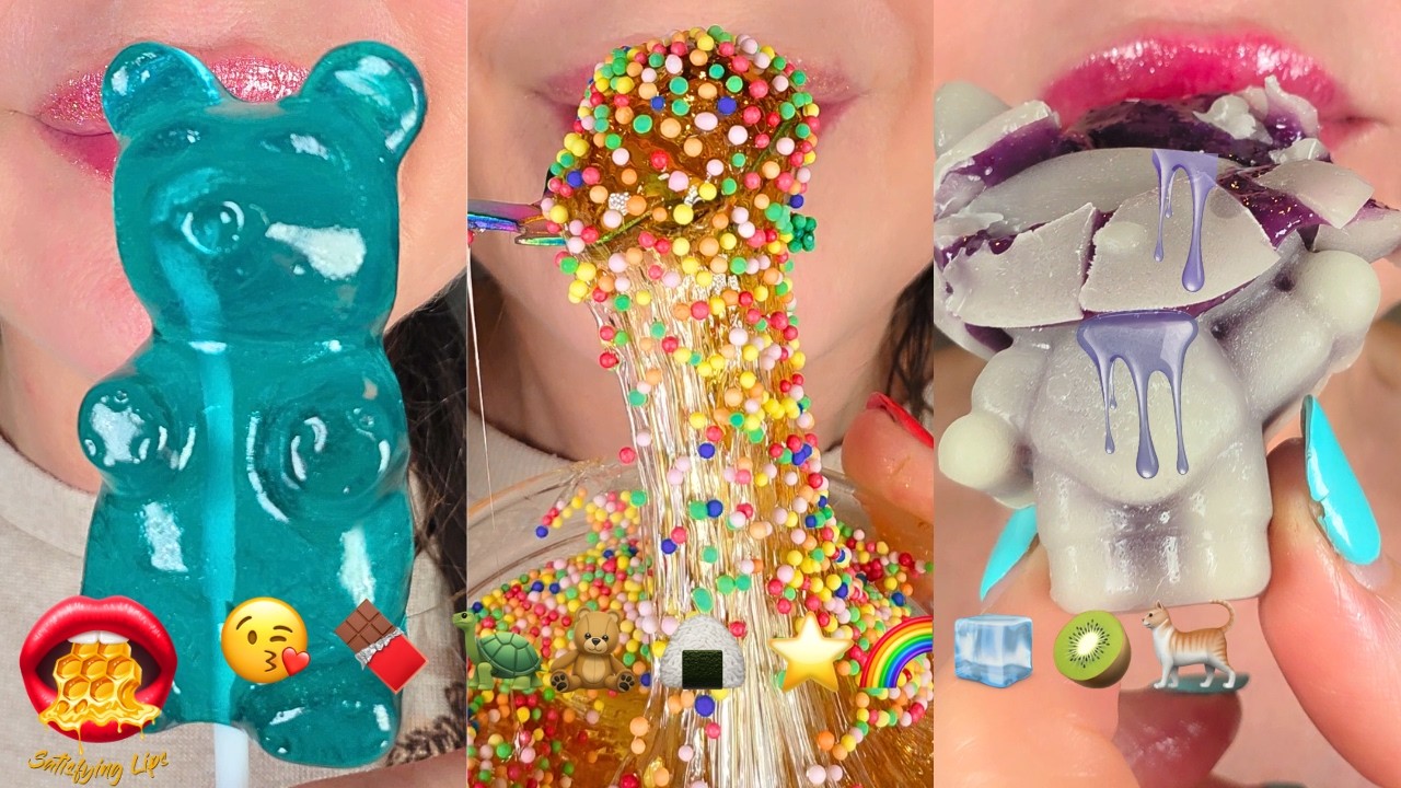 MOST SATISFYING! ASMR Eating Emoji Food Challenge frozen Honey Wax Candy