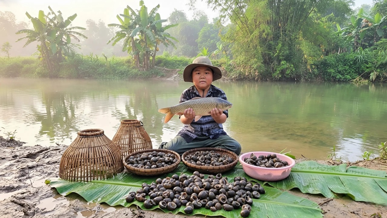 A Quiet Village Boy Checking River Nets | Fresh Snails & Simple Countryside Meal