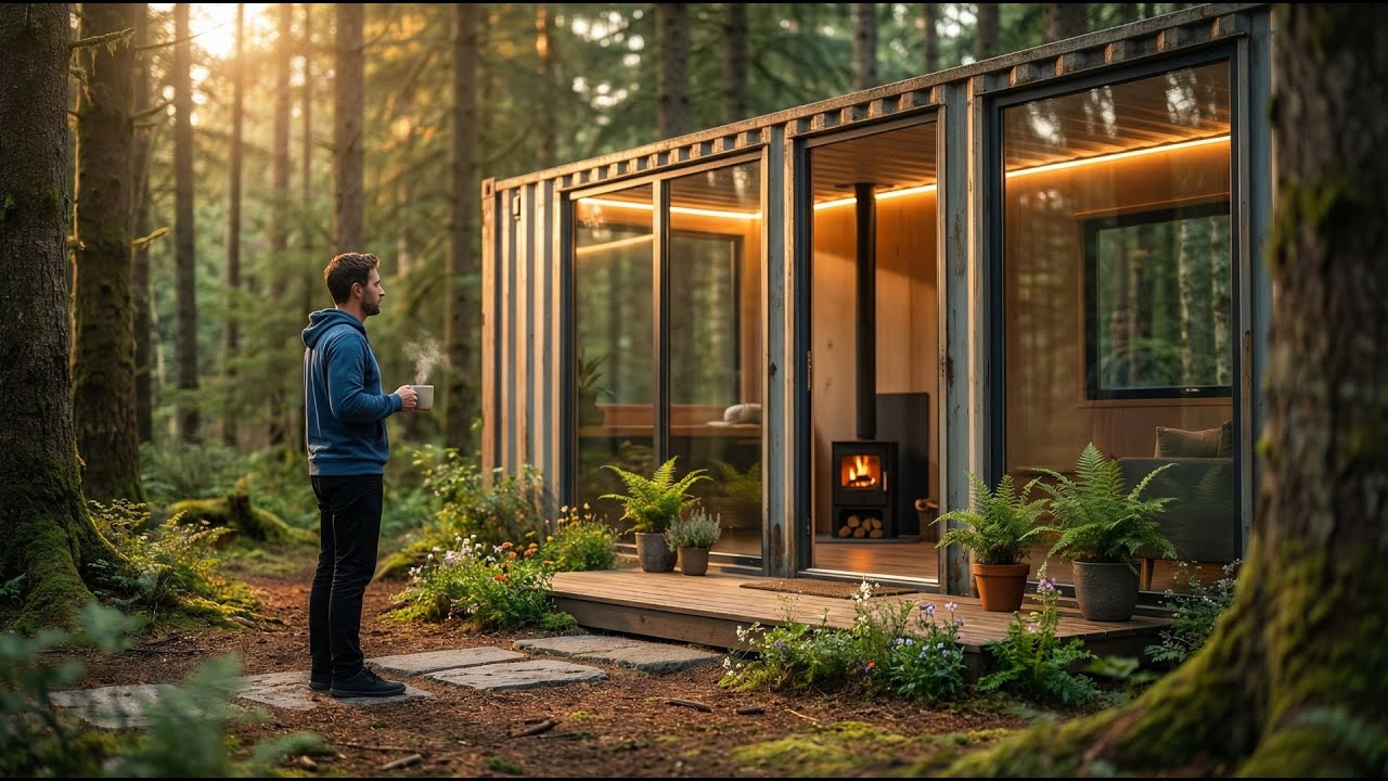 This Man Built a SECRET HOUSE inside ABANDONED CONTAINER — House Building in Forest (ASMR)