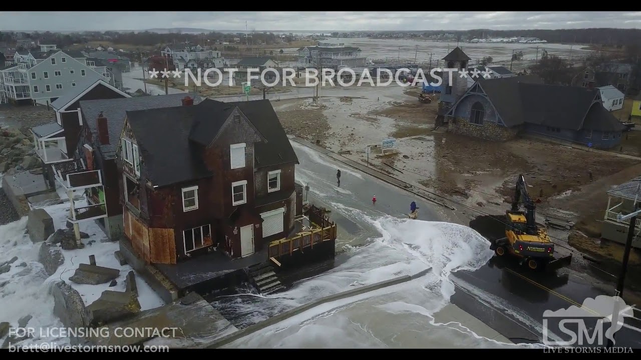 3-6-2018 Marshfield, Ma huge waves, high tide causing flooding on broken seawall drone