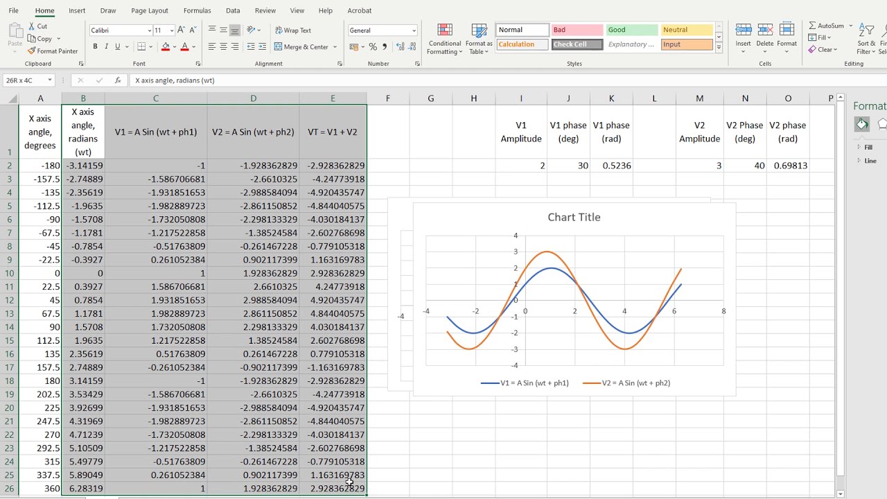 Excel - Adding and Graphing Sine Waves with Any Amplitude or Phase