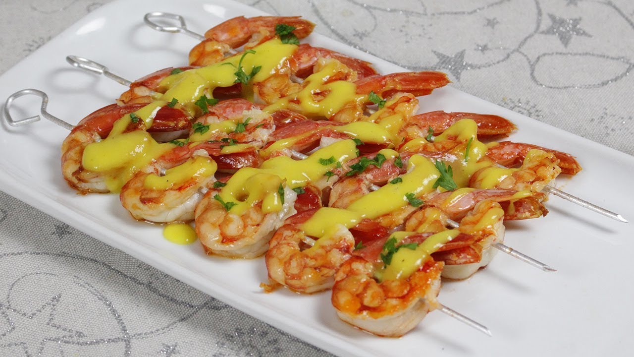 Brochetas de Langostinos con Salsa de Mango