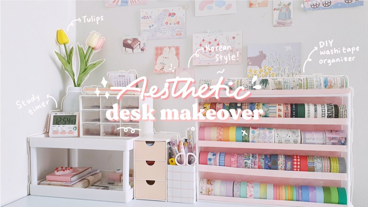 .｡*ﾟ Aesthetic Korean Style Desk Makeover & Desk Tour (click CC for Eng Sub)