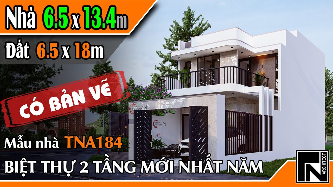 TNA184 - Mẫu nhà 2 tầng đẹp 6.5x13.4m trên đất 6.5x18m | Kiến trúc TN