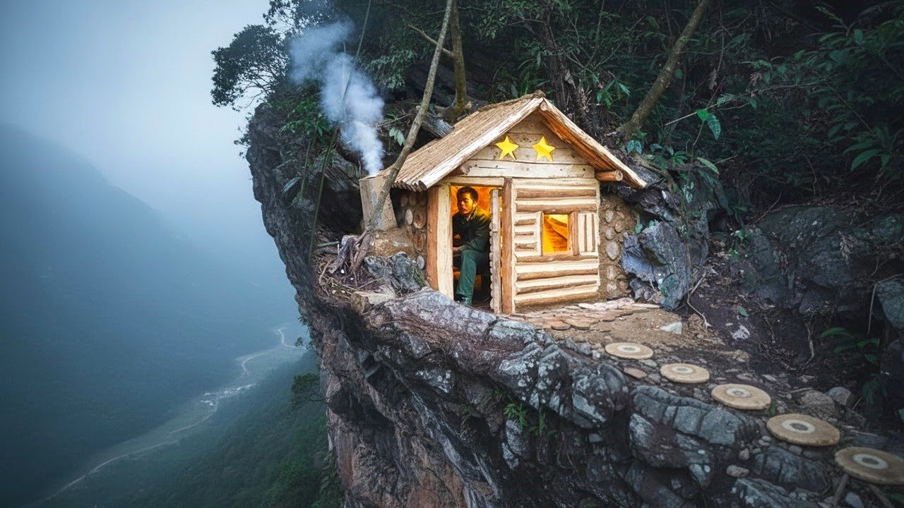 Build a cozy wooden shelter. Fireplace, no tools, bushcraft alone, overnight