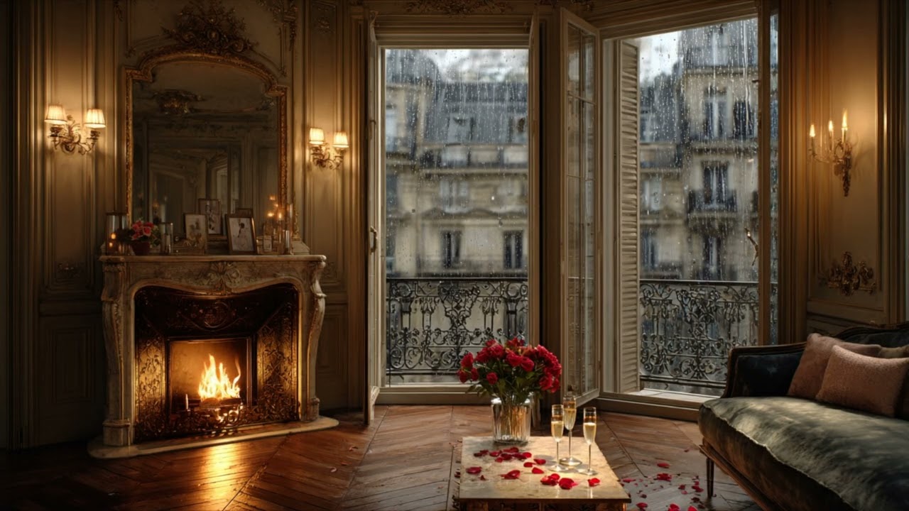 8 Hour Valentine's Day Parisian Fireplace Ambience | 4K UHD Luxury Fire Crackling Sounds |