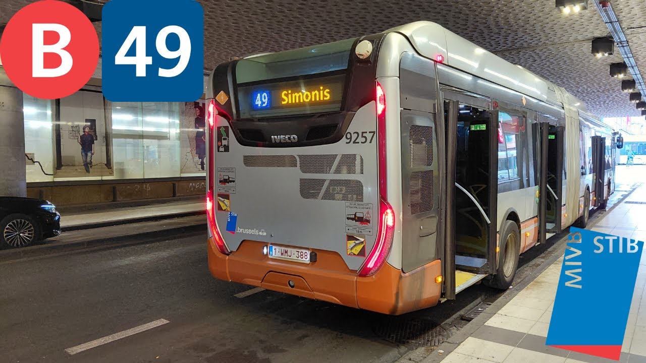 (Bus Stib) Voyage complet ligne 49 Simonis à Gare du Midi Iveco Urbanway 18 Hybrid n°9257.