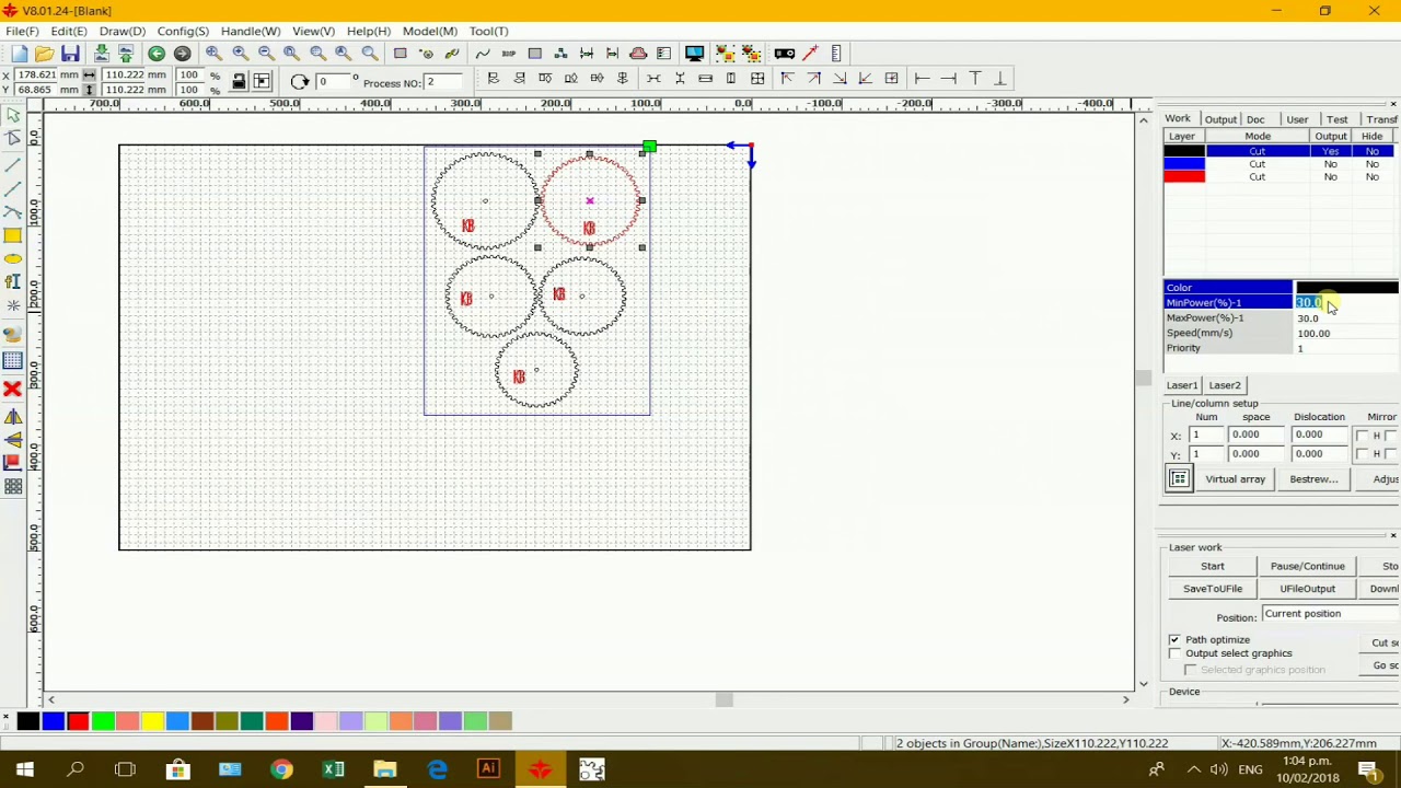 Prepare the gears for a drawing machine in ‘RDWorks’ and setup for laser cutting.