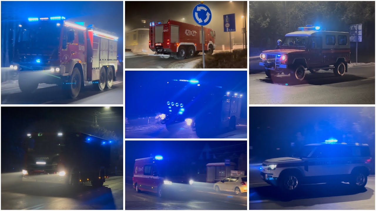 13 zastępów alarmowo pożar sali weselnej w Targanicach. Przejazdy plutonu zaopatrzenia wodnego 