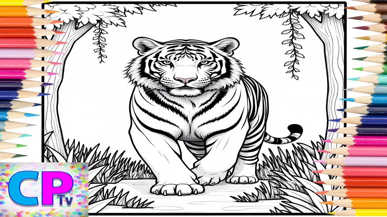 A Tiger Slowly Emerges from Behind the Bushes/Wild Animals/Creative Video/Art Drawing/Relaxing Color