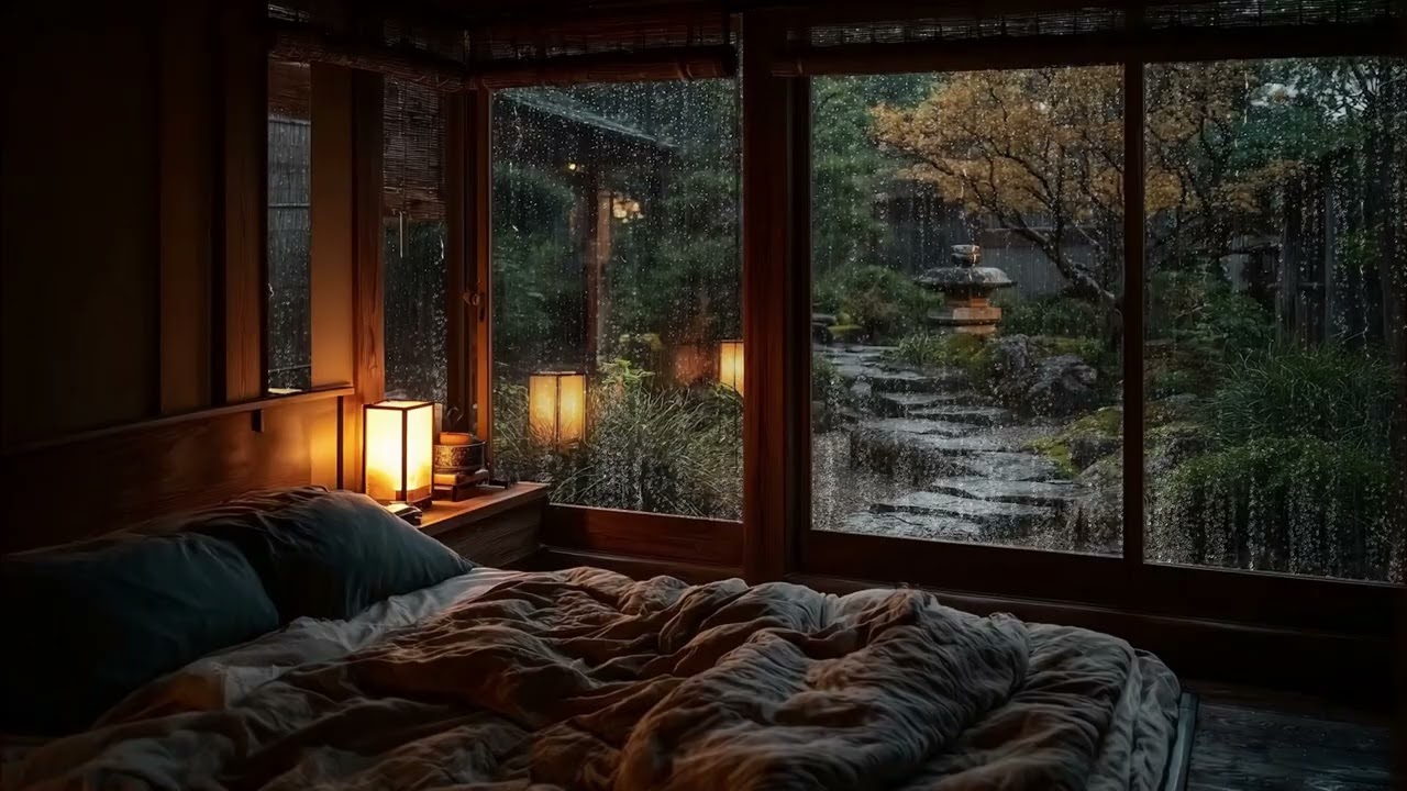 Night Rain in a Traditional Ryokan 🌧️ Cozy Window Desk & Garden Ambience for Deep Sleep