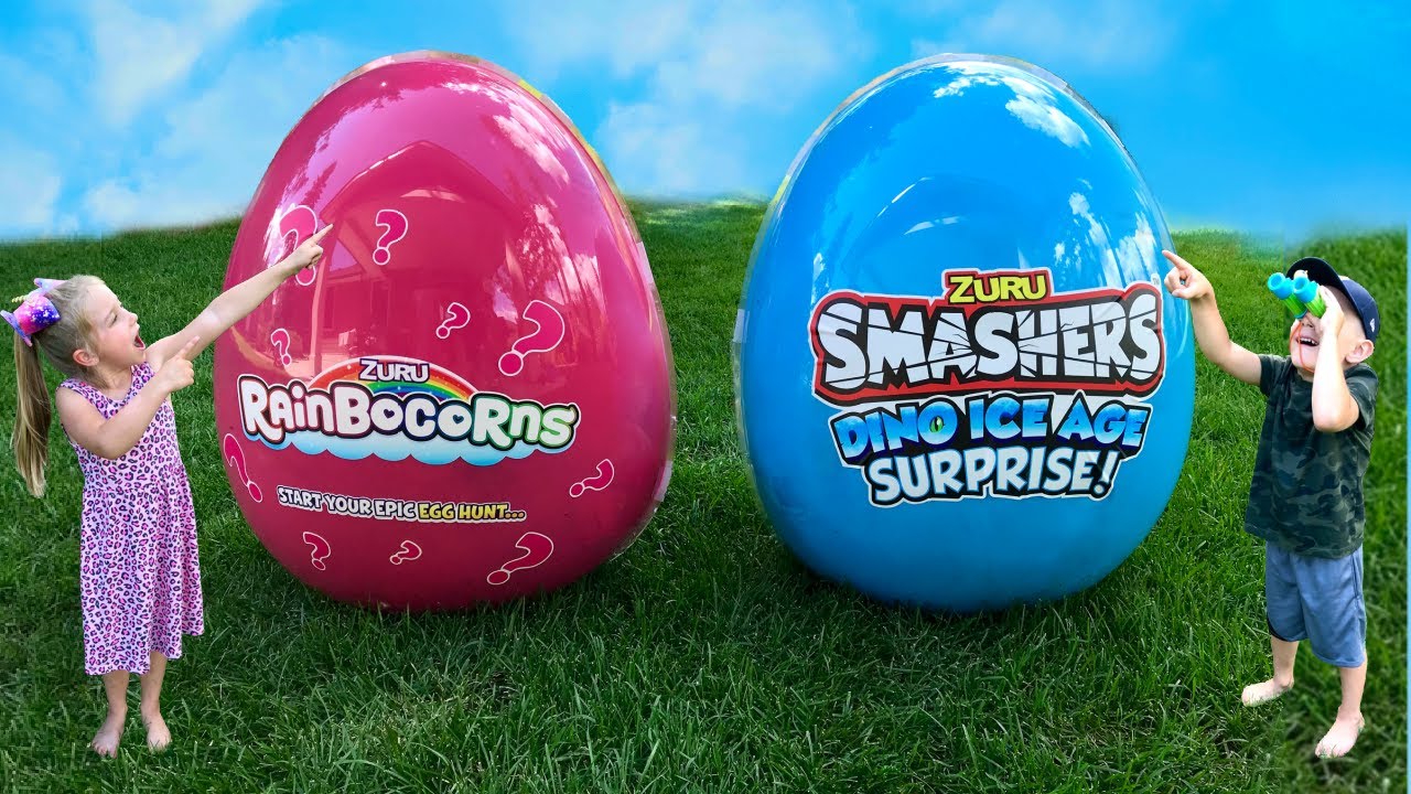 GIANT SURPRISE MYSTERY EGGS ZURU RAINBOCORNS AND SMASHERS DINO ICE AGE SURPRISE!