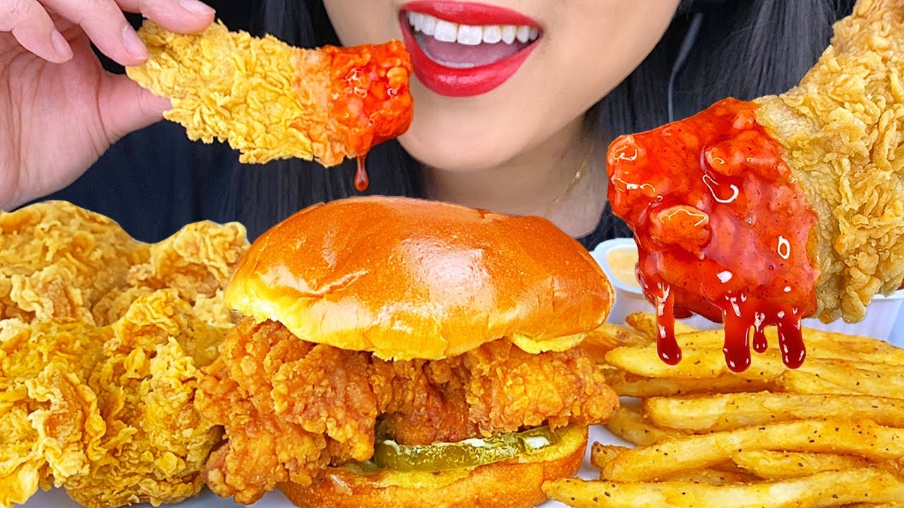 ASMR SPICY FRIED CHICKEN & FRIED CHICKEN SANDWICH *NO TALKING* 양념치킨 치킨먹방 NO TALKING ASMR Phan